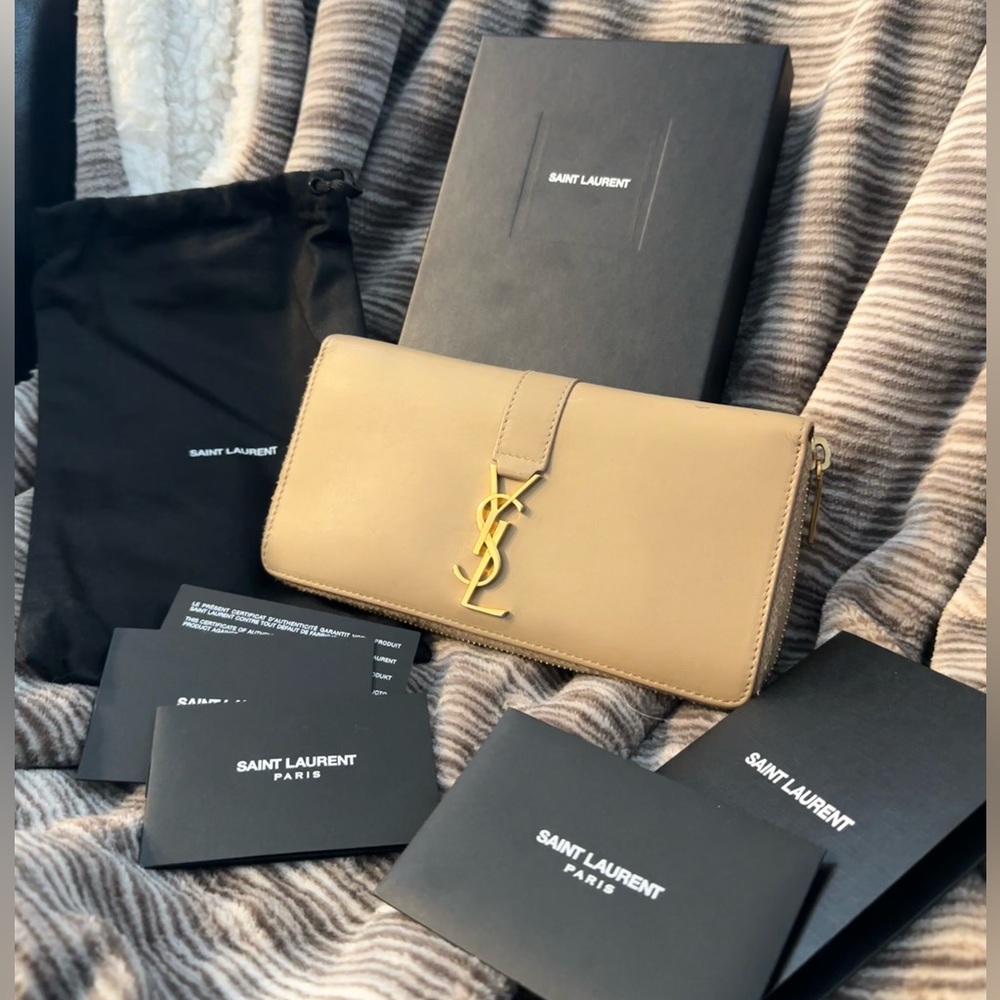 Yves Saint Laurent Tan Wallet with Gold Logo